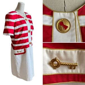 Vintage 80s Junnie Leigh Key Keyhole Red Gold Stripe Dress Novelty sz Large